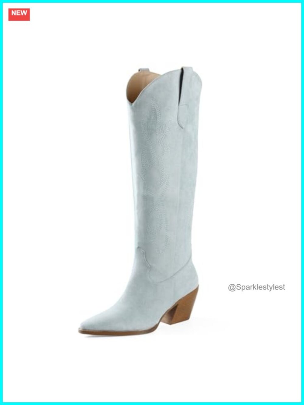Knee High Cowboy Boots Pointed Toe Block Heel Faux Suede Embroidered Pull On